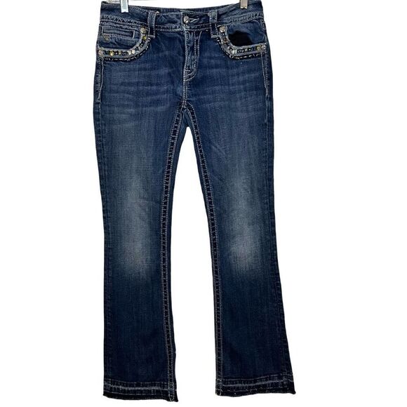 Miss Me Signature Bootcut Bedazzled Bejeweled Boho Jeans Sz 29x30.5 8” Rise - Picture 1 of 14